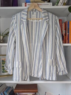 Love Tree Women's Blue & White Linen Blend Striped Blazer Jacket Size Medium